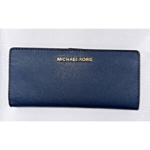 MICHAEL KORS Jet Set Travel Crossgrain Leather Wallet Navy Blue Continental Snap